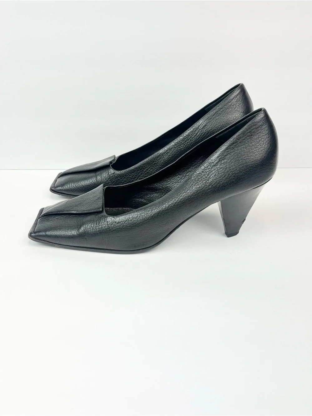 Jil Sander Black Leather Square-Toe Mid Block Heels US 7 Euro 37.5 Made In Italy - Picture 3 of 8